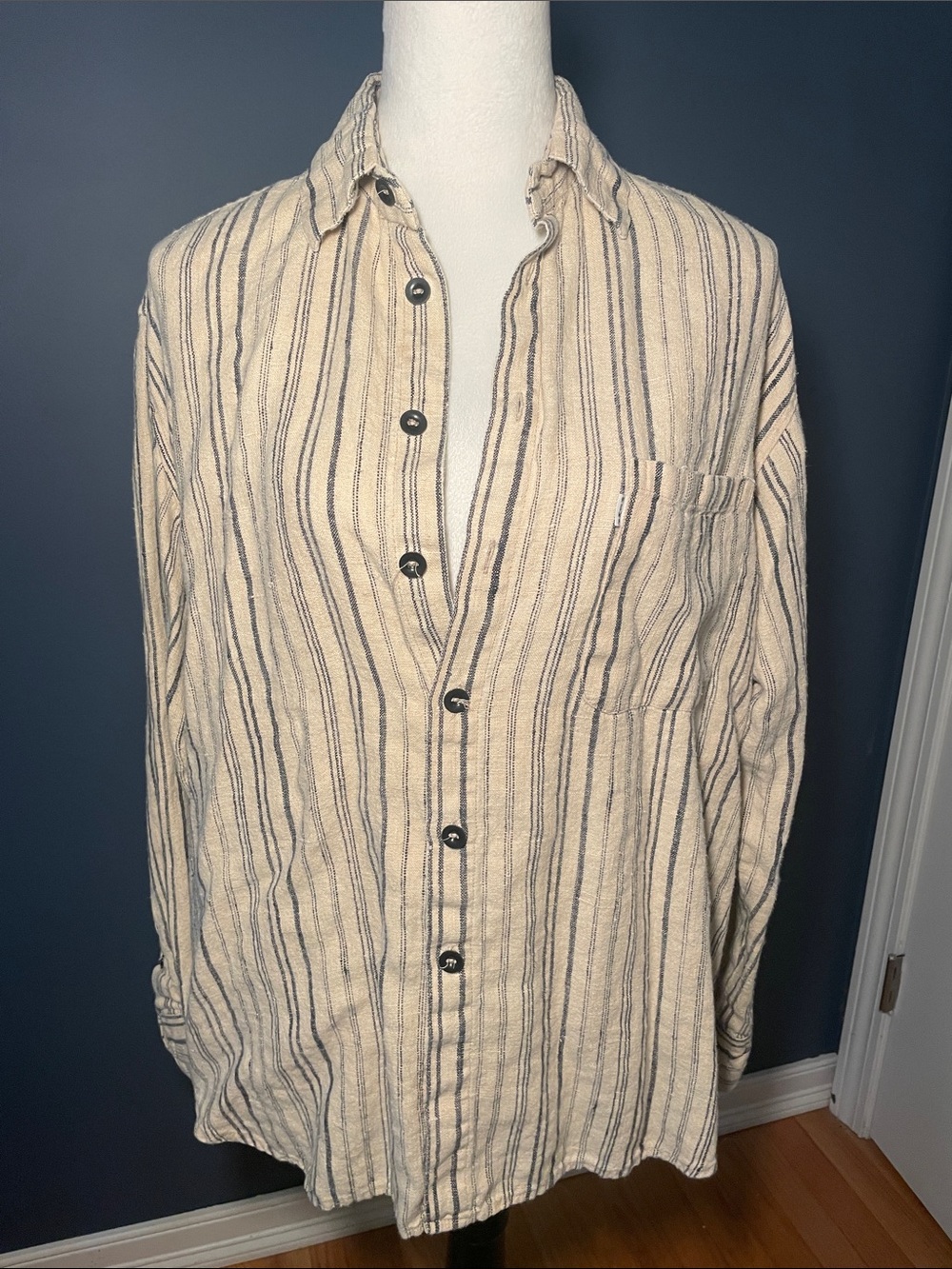 Hemp Striped Button-Up Shirt - Cream with Navy Stripes